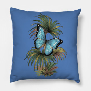 Tropical Blue Morpho Butterfly Botanical Art Pillow