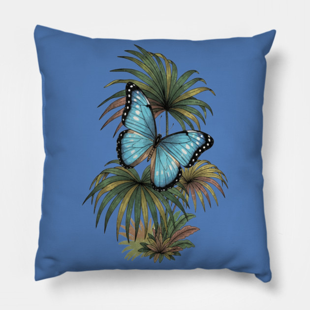 Tropical Blue Morpho Butterfly Botanical Art Pillow by BirdsnStuff