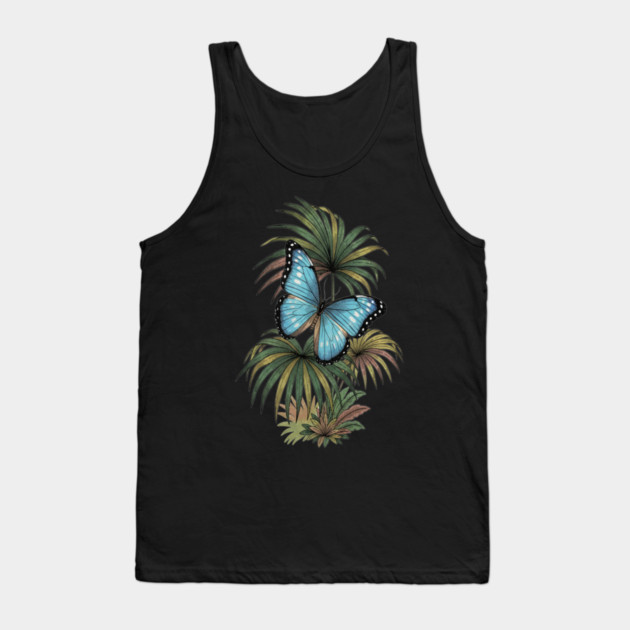 Tropical Blue Morpho Butterfly Botanical Art Tank Top by BirdsnStuff