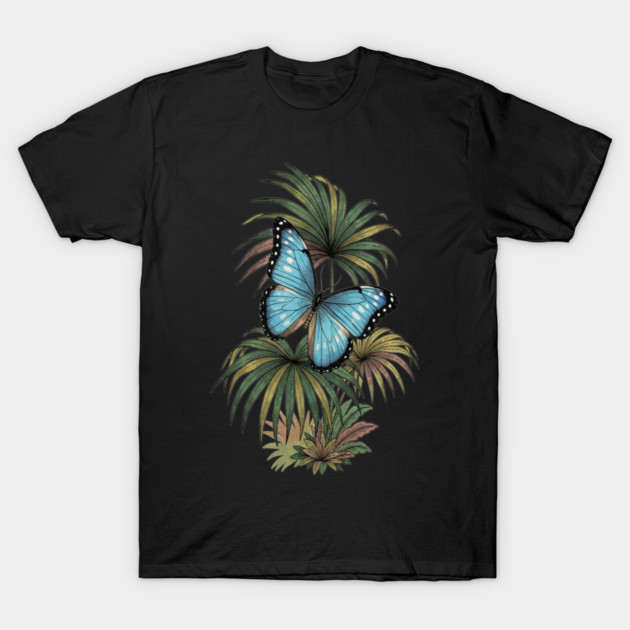 Tropical Blue Morpho Butterfly Botanical Art T-Shirt by BirdsnStuff