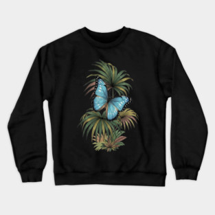 Tropical Blue Morpho Butterfly Botanical Art Crewneck Sweatshirt