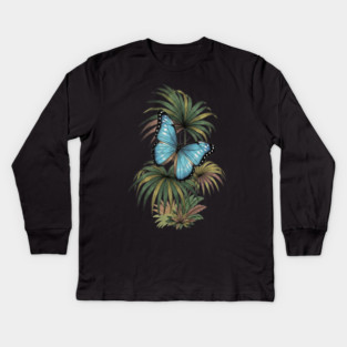 Tropical Blue Morpho Butterfly Botanical Art Kids Long Sleeve T-Shirt