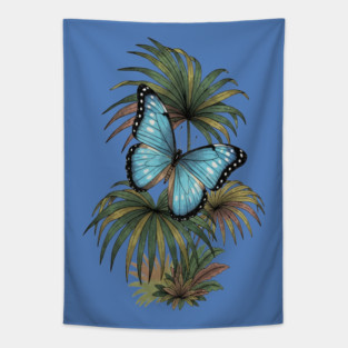 Tropical Blue Morpho Butterfly Botanical Art Tapestry