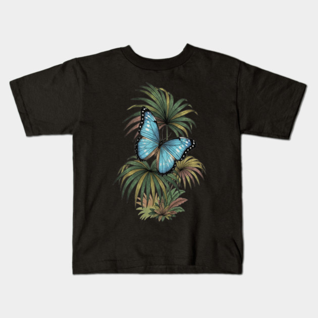 Tropical Blue Morpho Butterfly Botanical Art Kids T-Shirt by BirdsnStuff