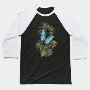 Tropical Blue Morpho Butterfly Botanical Art Baseball T-Shirt