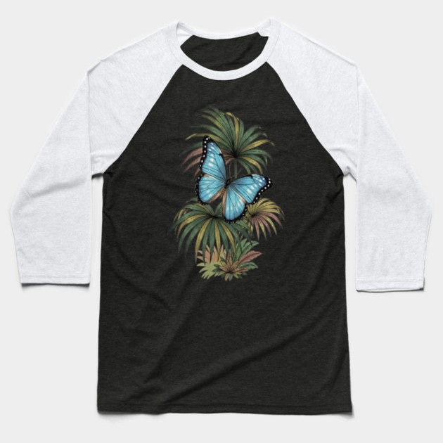 Tropical Blue Morpho Butterfly Botanical Art Baseball T-Shirt by BirdsnStuff