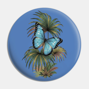 Tropical Blue Morpho Butterfly Botanical Art Pin
