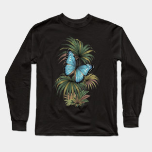 Tropical Blue Morpho Butterfly Botanical Art Long Sleeve T-Shirt