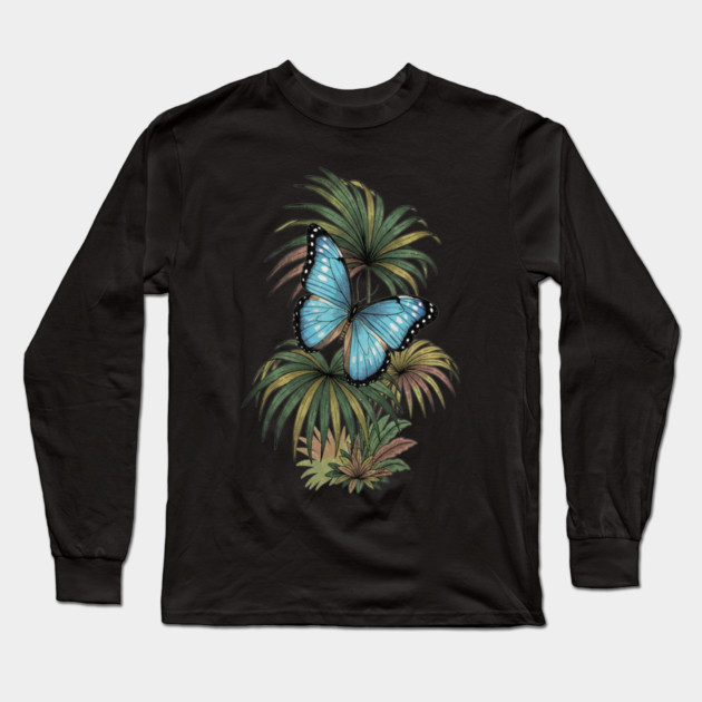 Tropical Blue Morpho Butterfly Botanical Art Long Sleeve T-Shirt by BirdsnStuff