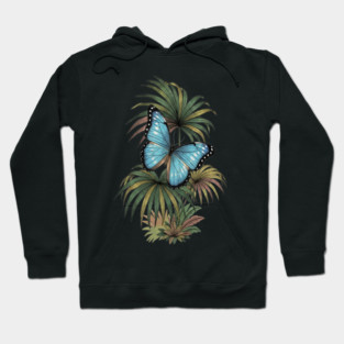 Tropical Blue Morpho Butterfly Botanical Art Hoodie