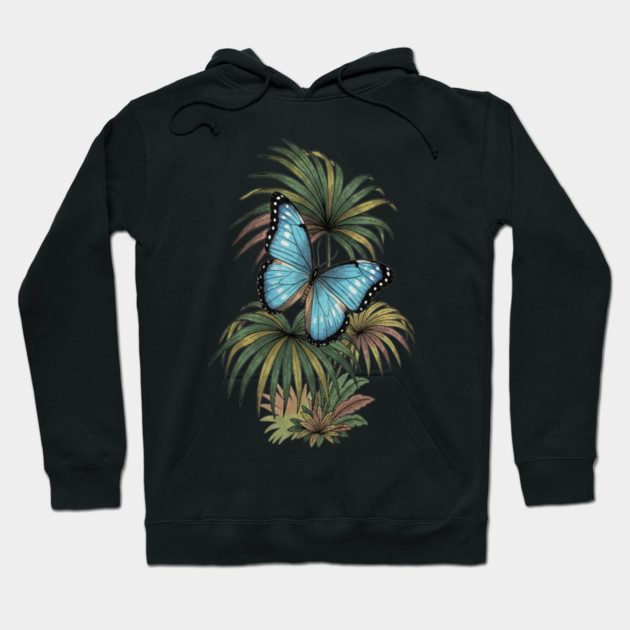 Tropical Blue Morpho Butterfly Botanical Art Hoodie by BirdsnStuff