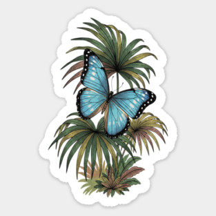 Tropical Blue Morpho Butterfly Botanical Art Sticker