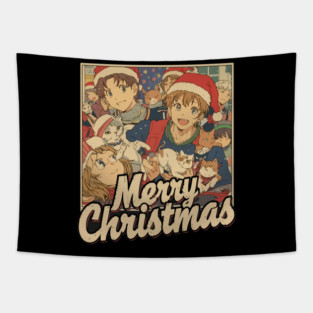Anime Cats Christmas Party Tapestry