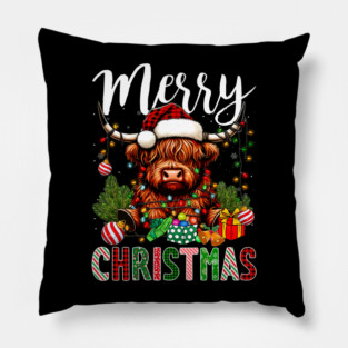 Merry Christmas Pajamas Highland Cow Christmas Tree Lights Pillow
