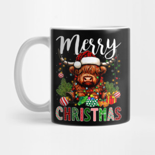 Merry Christmas Pajamas Highland Cow Christmas Tree Lights Mug