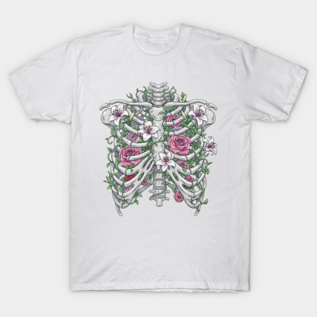 Rib Cage Floral Illustration With Roses and Lilies