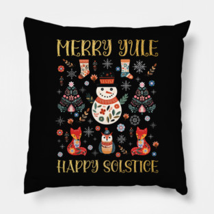 Merry Yule Happy Solstice – Nordic Folk Snowman Winter Forest Animals Pillow