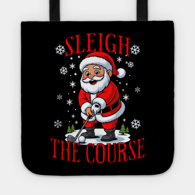 Christmas Golfer Pun Sleigh the Course Funny Santa Golf Tote by belownormal