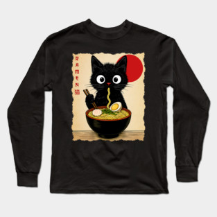 Black Cat Ramen Bowl Japanese Retro Noodle Soup Artwork Rising Sun Scene Long Sleeve T-Shirt