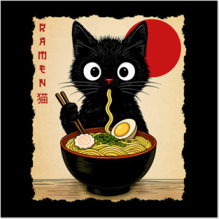 Black Cat Ramen Bowl Japanese Retro Noodle Soup Artwork Rising Sun Scene Posters and Art