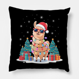 Merry Christmas Llama Wrapped In Colorful Lights Santa Llama Pillow