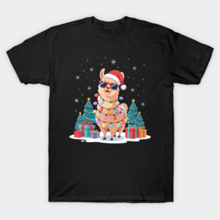 Merry Christmas Llama Wrapped In Colorful Lights Santa Llama T-Shirt