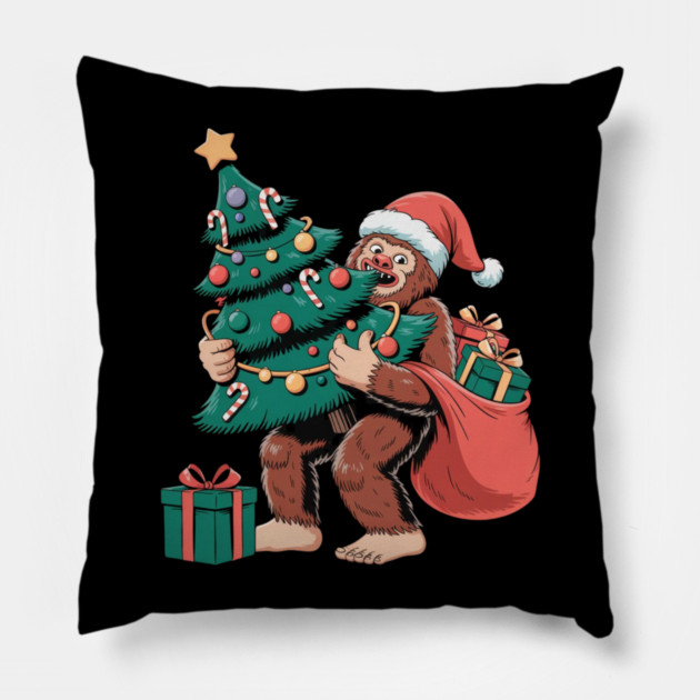Bigfoot Christmas Tree Bandit – Funny Holiday Sasquatch Pillow by Creatifly Graphic Tees