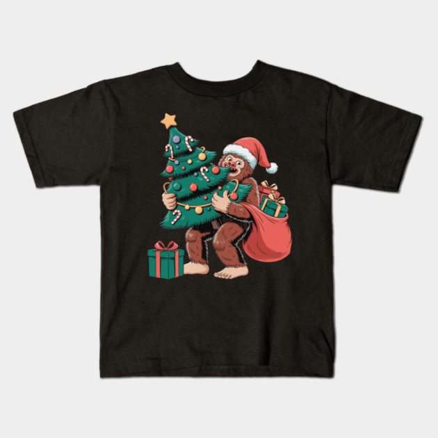 Bigfoot Christmas Tree Bandit – Funny Holiday Sasquatch Kids T-Shirt by Creatifly Graphic Tees