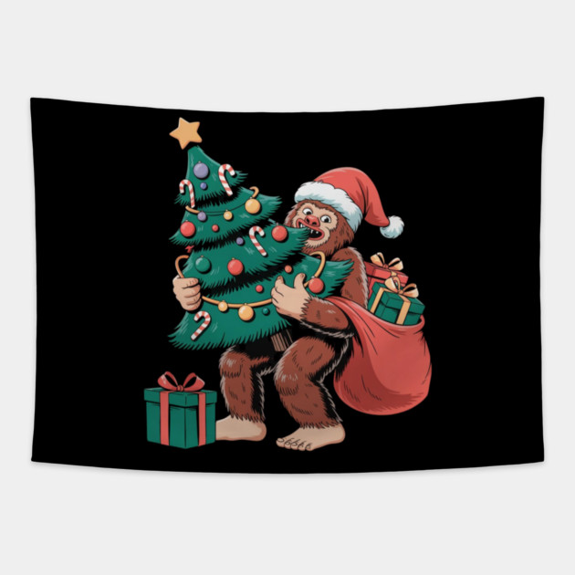 Bigfoot Christmas Tree Bandit – Funny Holiday Sasquatch Tapestry by Creatifly Graphic Tees