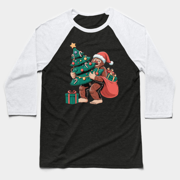 Bigfoot Christmas Tree Bandit – Funny Holiday Sasquatch Baseball T-Shirt by Creatifly Graphic Tees