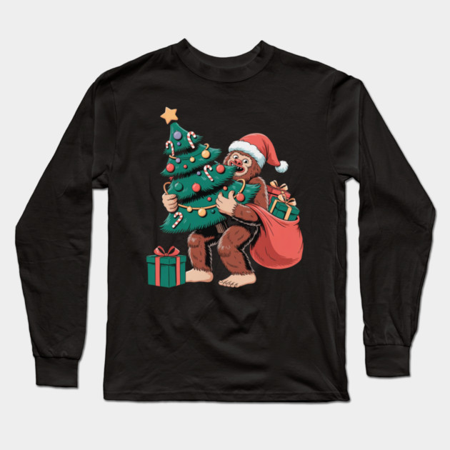 Bigfoot Christmas Tree Bandit – Funny Holiday Sasquatch Long Sleeve T-Shirt by Creatifly Graphic Tees