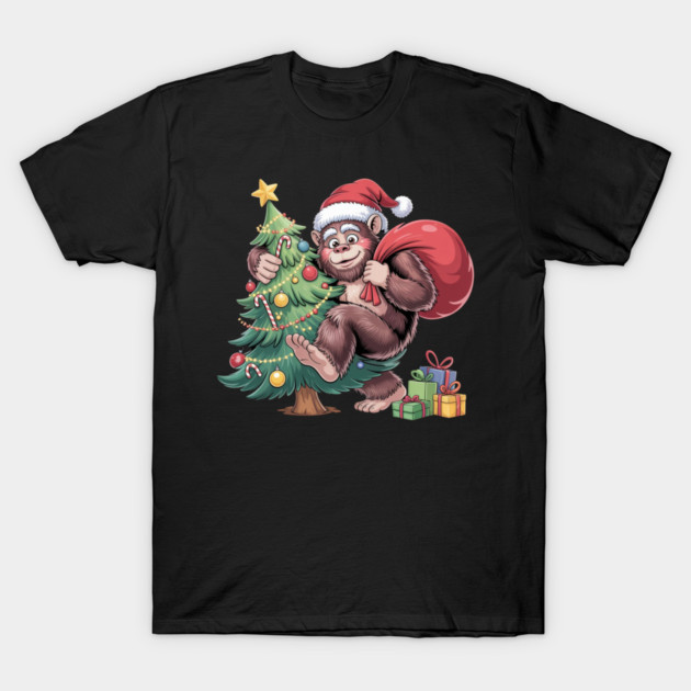 Festive Christmas Gorilla with Santa Hat and Sack T-Shirt by Creatifly Graphic Tees