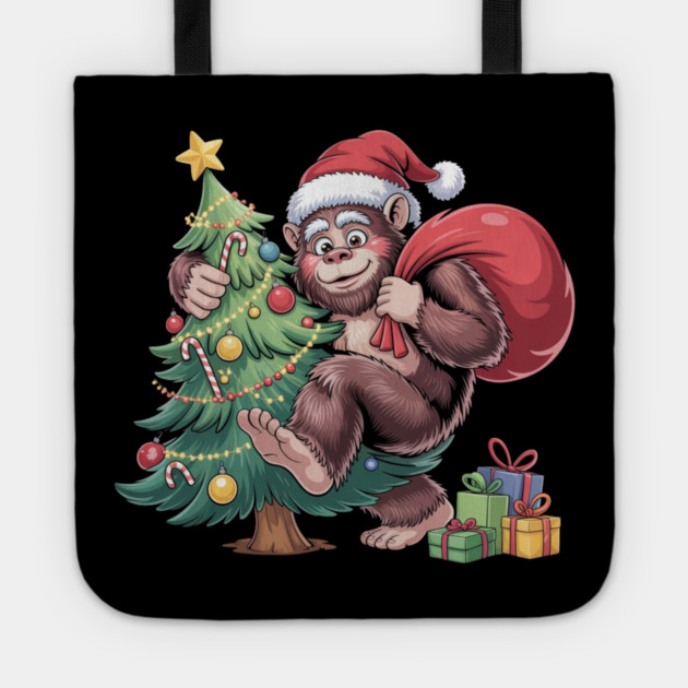 Festive Christmas Gorilla with Santa Hat and Sack Tote by Creatifly Graphic Tees