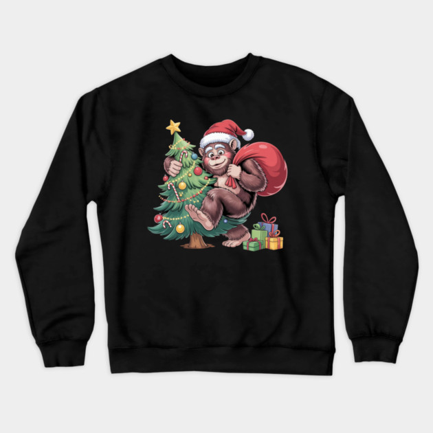 Festive Christmas Gorilla with Santa Hat and Sack Crewneck Sweatshirt by Creatifly Graphic Tees
