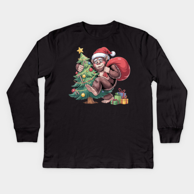 Festive Christmas Gorilla with Santa Hat and Sack Kids Long Sleeve T-Shirt by Creatifly Graphic Tees