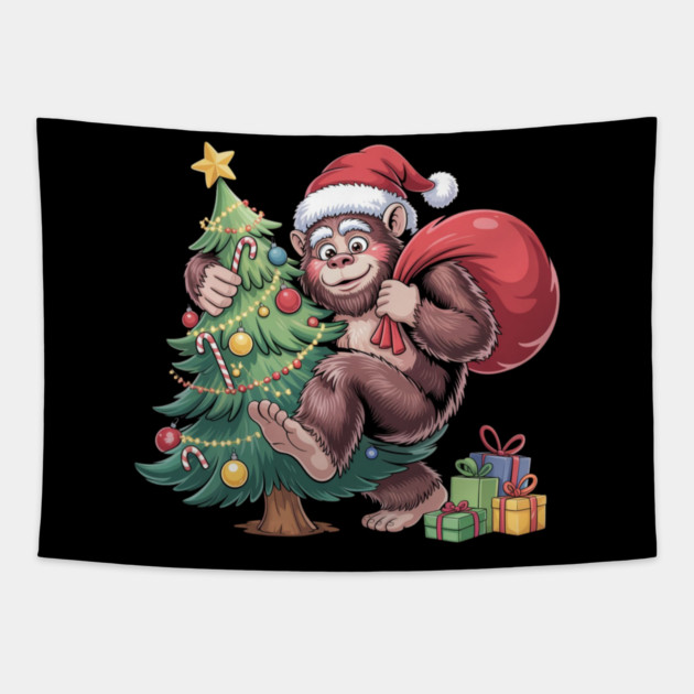Festive Christmas Gorilla with Santa Hat and Sack Tapestry by Creatifly Graphic Tees