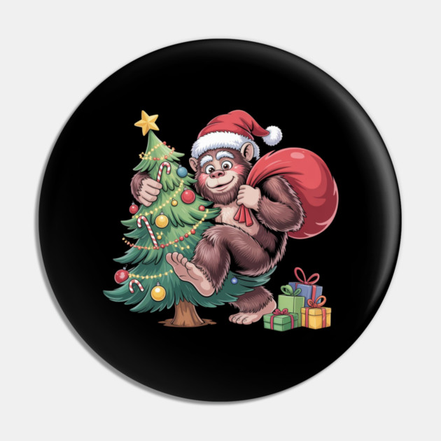 Festive Christmas Gorilla with Santa Hat and Sack Pin by Creatifly Graphic Tees