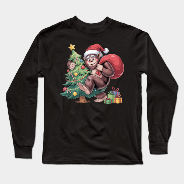 Festive Christmas Gorilla with Santa Hat and Sack Long Sleeve T-Shirt by Creatifly Graphic Tees
