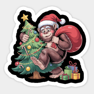 Festive Christmas Gorilla with Santa Hat and Sack Sticker