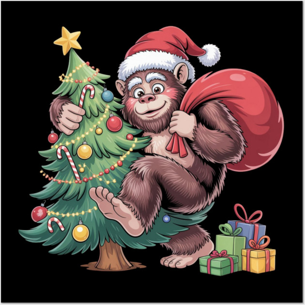 Festive Christmas Gorilla with Santa Hat and Sack Wall Art by Creatifly Graphic Tees