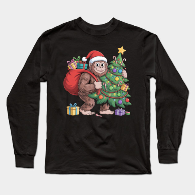 Santa Gorilla with Christmas Tree Long Sleeve T-Shirt by Creatifly Graphic Tees