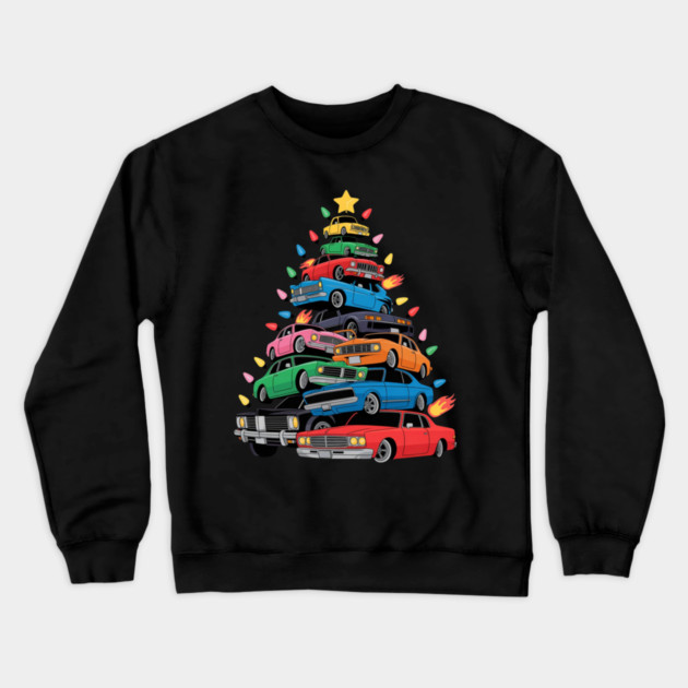 Classic Cars Christmas Tree Crewneck Sweatshirt by Creatifly Graphic Tees