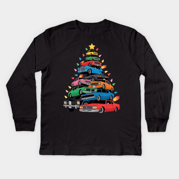 Classic Cars Christmas Tree Kids Long Sleeve T-Shirt by Creatifly Graphic Tees