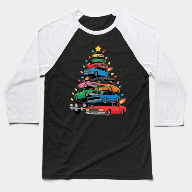Classic Cars Christmas Tree Baseball T-Shirt by Creatifly Graphic Tees