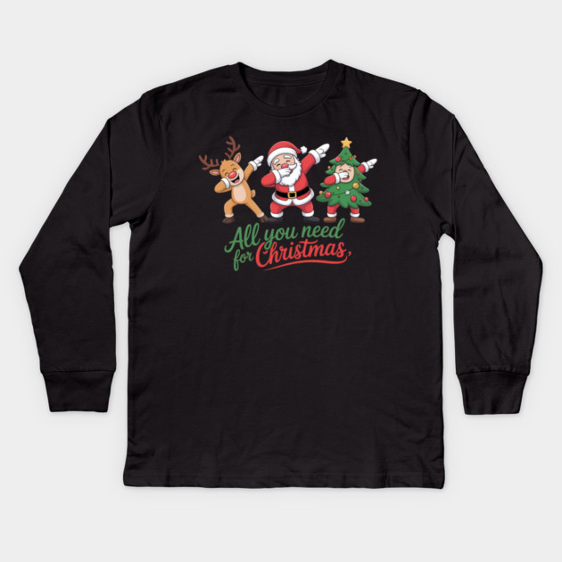 Dabbing Santa Reindeer and Christmas Tree Squad Kids Long Sleeve T-Shirt by Creatifly Graphic Tees