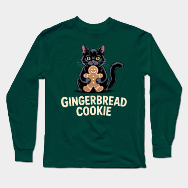 Cute Black Cat with Gingerbread Cookie Christmas Humor Long Sleeve T-Shirt by Creatifly Graphic Tees