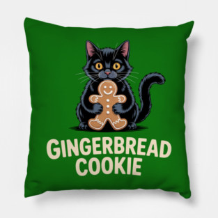 Cute Black Cat with Gingerbread Cookie Christmas Humor Pillow