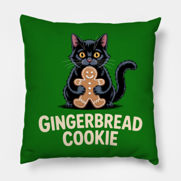 Cute Black Cat with Gingerbread Cookie Christmas Humor Pillow by Creatifly Graphic Tees