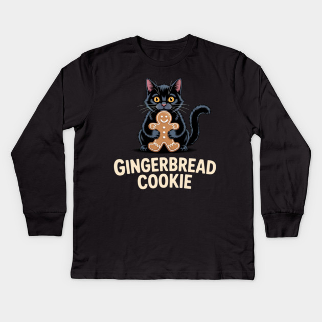 Cute Black Cat with Gingerbread Cookie Christmas Humor Kids Long Sleeve T-Shirt by Creatifly Graphic Tees