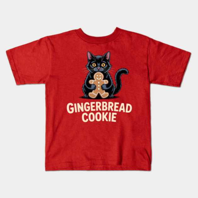 Cute Black Cat with Gingerbread Cookie Christmas Humor Kids T-Shirt by Creatifly Graphic Tees